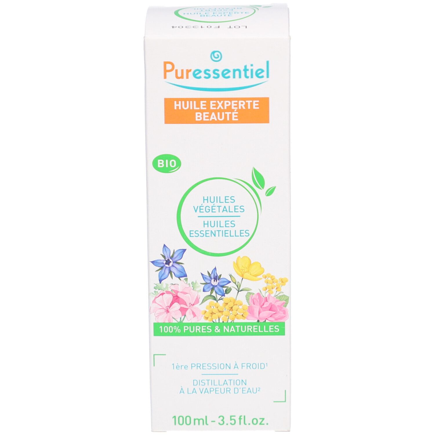 Hohe, weiße Kartonverpackung mit Text, Logo und floralen Illustrationen. Bio-Siegel.