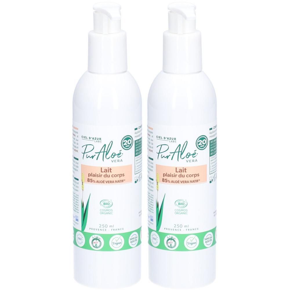 Deux flacons pompe blancs de lotion pour le corps, 250 ml.