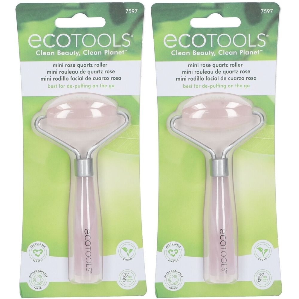 Zwei EcoTools Gesichtsrollen aus Rosenquarz in Verpackung. Rosa Rollen, silberner Rahmen, rosa Griff. Aufschrift: EcoTools.
