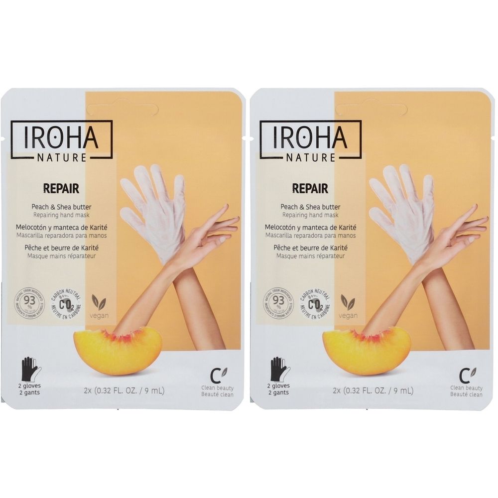 Zwei Packungen IROHA NATURE Reparierende Maskenhandschuhe. Aufdruck: REPAIR, Pfirsich & Sheabutter. Vegan. Abbildung: Hände mit Handschuhen und Pfirsich.