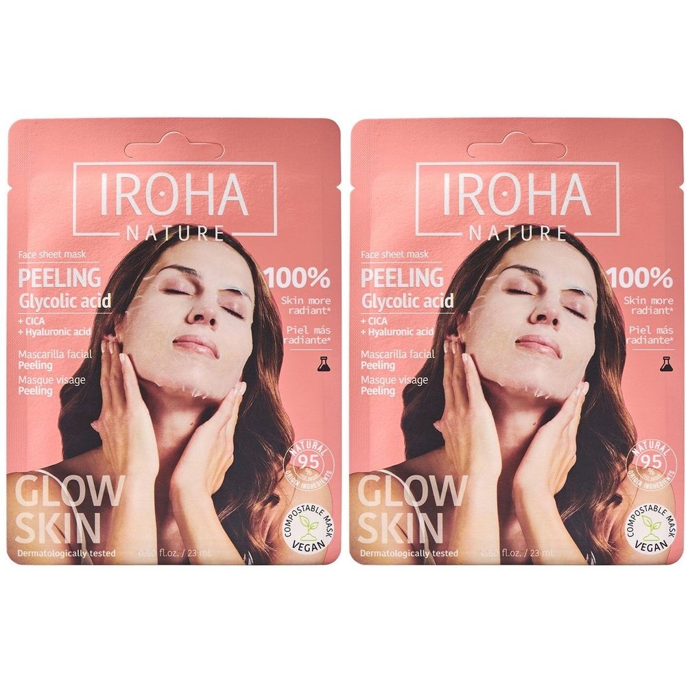 Zwei Packungen Gesichtsmasken. Rosa Verpackung mit Produktinformationen und einer Frau mit Maske. Text: IROHA NATURE, Peeling.