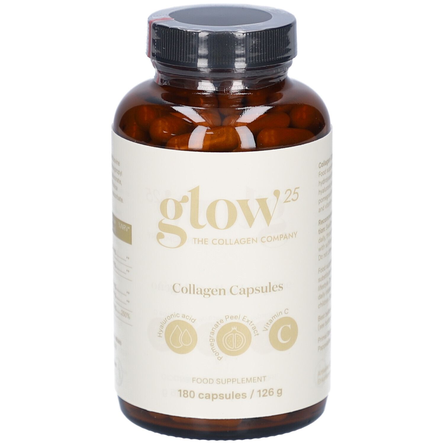 Braune Glasflasche mit Kapseln. Aufschrift: Glow25, Collagen Capsules, Hyaluronsäure, Granatapfelextrakt, Vitamin C. 180 Kapseln.