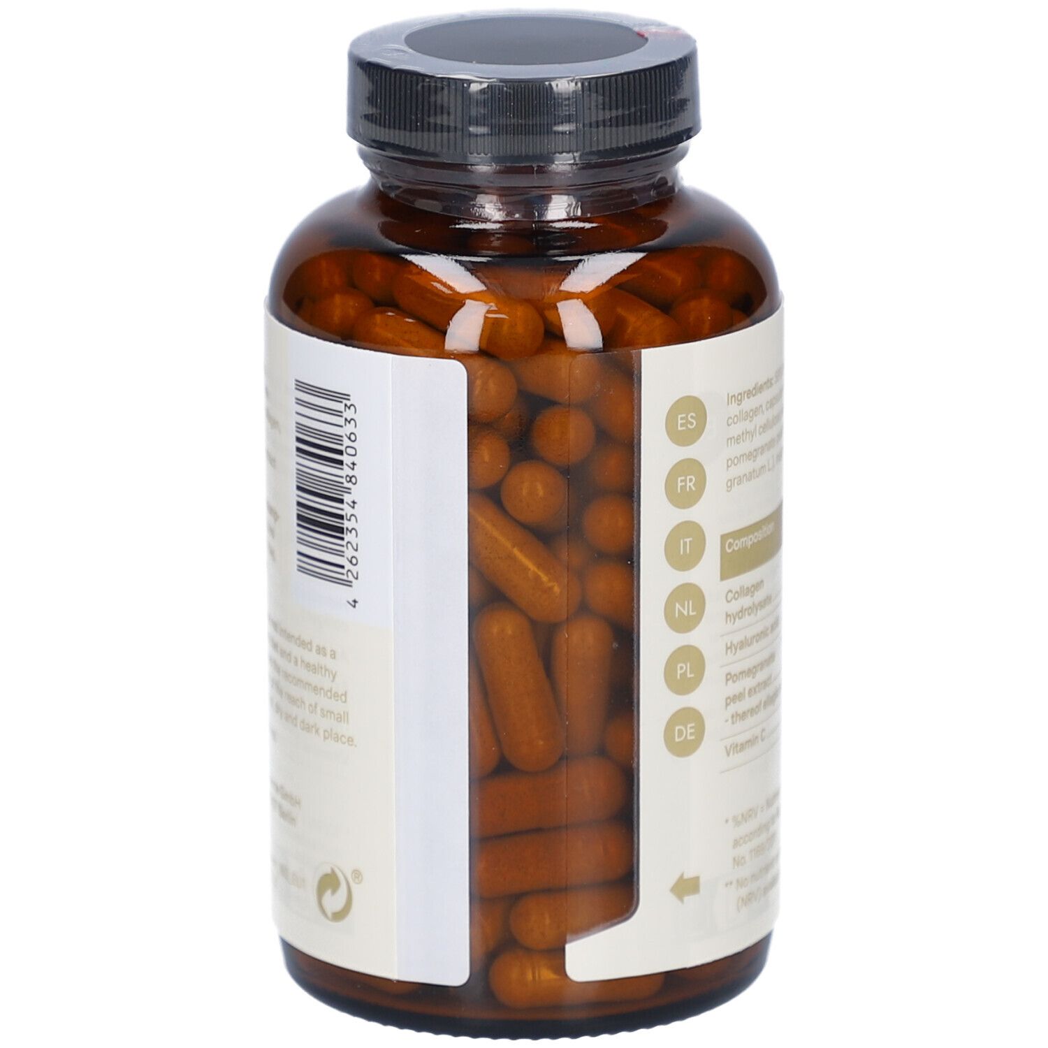 Braune Flasche mit Kapseln. Aufschrift: Collagen Capsules. Kapseln sichtbar. Enthält Hyaluronsäure, Granatapfelextrakt, Vitamin C.