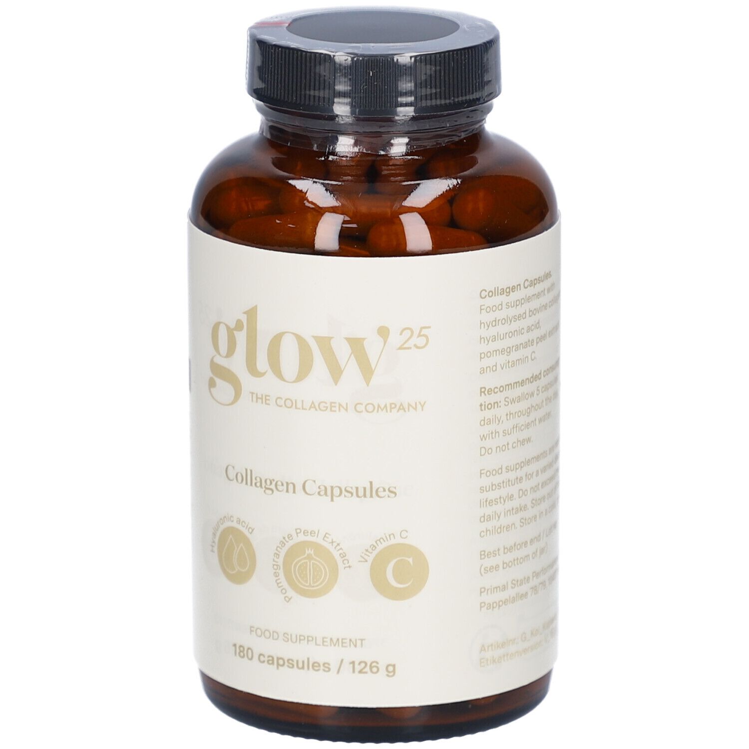 Braune Flasche mit Kapseln. Aufschrift: Glow25, Collagen Capsules, Hyaluronsäure, Granatapfelextrakt, Vitamin C. 180 Kapseln.