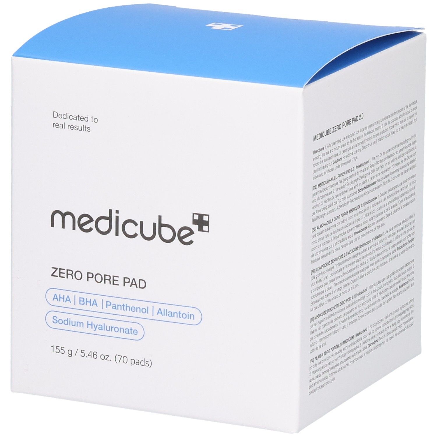 Weiße quadratische Verpackung mit blauem Deckel. Aufschrift: medicube, ZERO PORE PAD, Inhaltsstoffe, 155 g / 5.46 oz. (70 pads).