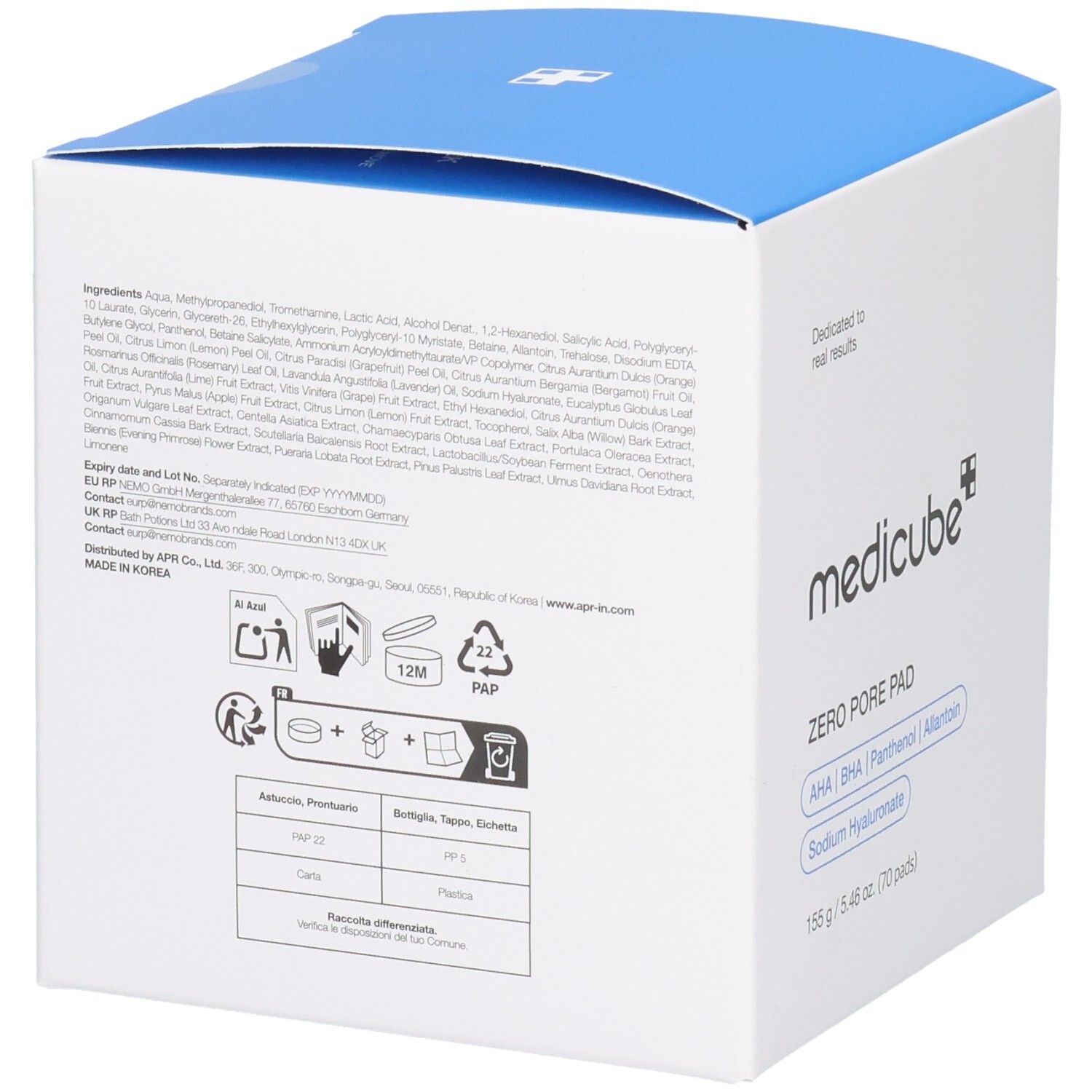 Weiße quadratische Verpackung mit blauem Deckel. Rückseite mit Inhaltsstoffen, Warnhinweisen und Recycling-Symbolen.
