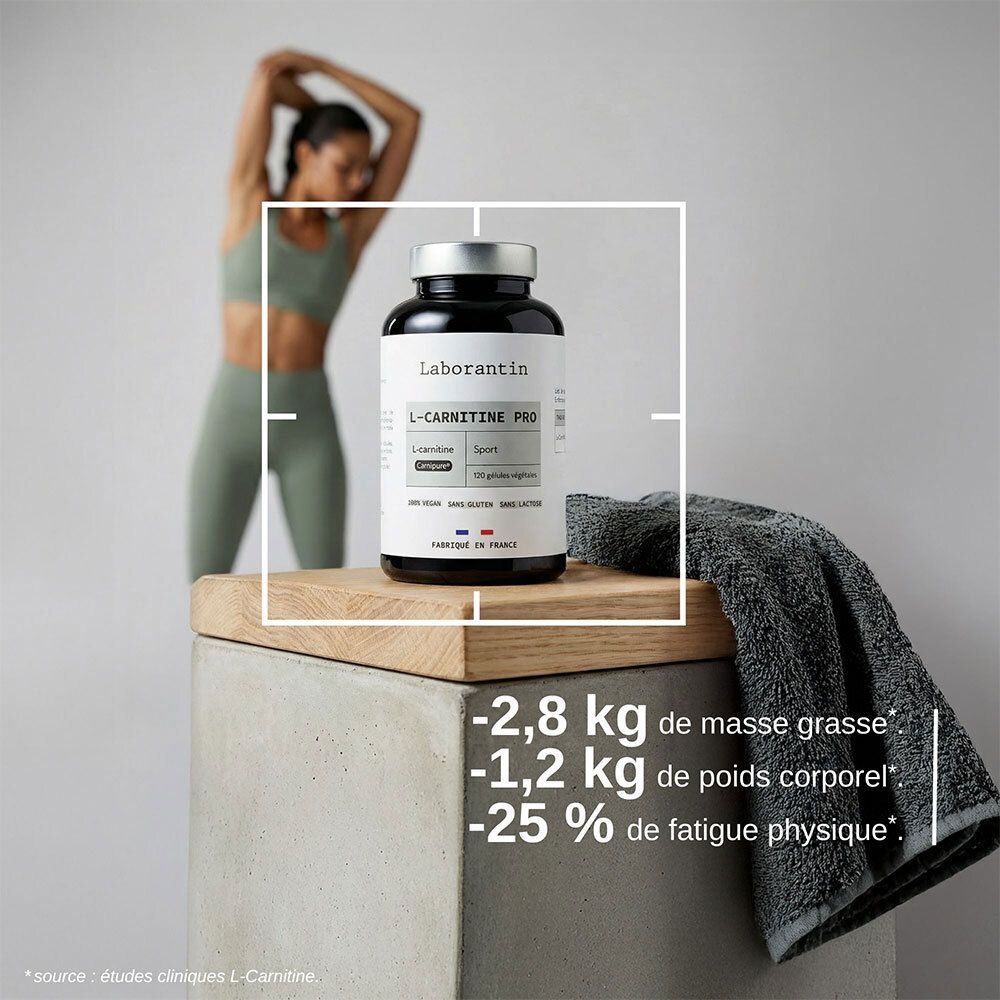 Gélule transparente avec contenu blanc. Texte: Carnitine Carnipure®. Améliore performances et combustion des graisses.