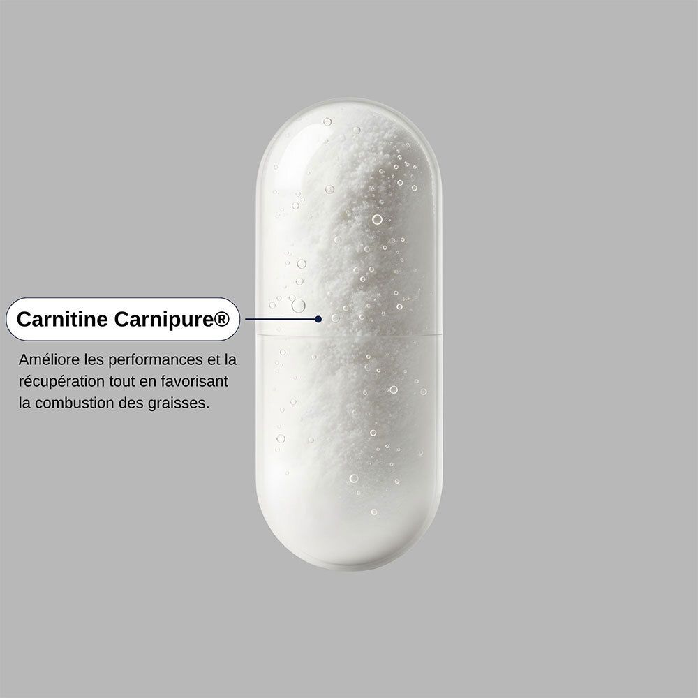 Flacon Laborantin L-Carnitine Pro à côté de pierres. Texte: 2 gélules matin et midi. Gélules végétales.
