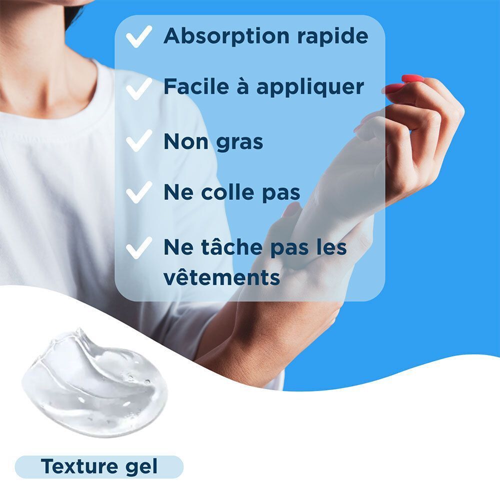 Texture gel transparente. Absorption rapide, non grasse, ne colle pas et ne tache pas les vêtements.