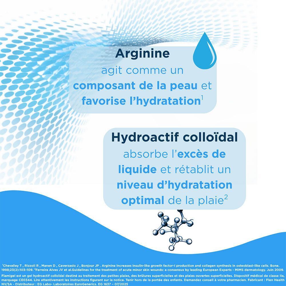 Structure moléculaire et texte sur l'arginine et les colloïdes hydroactifs pour l'hydratation de la peau.