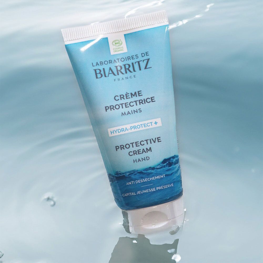 Blaue Tube, LABORATOIRES DE BIARRITZ, Crème Protectrice Mains. Bio-Zertifizierung. Wellen-Design.