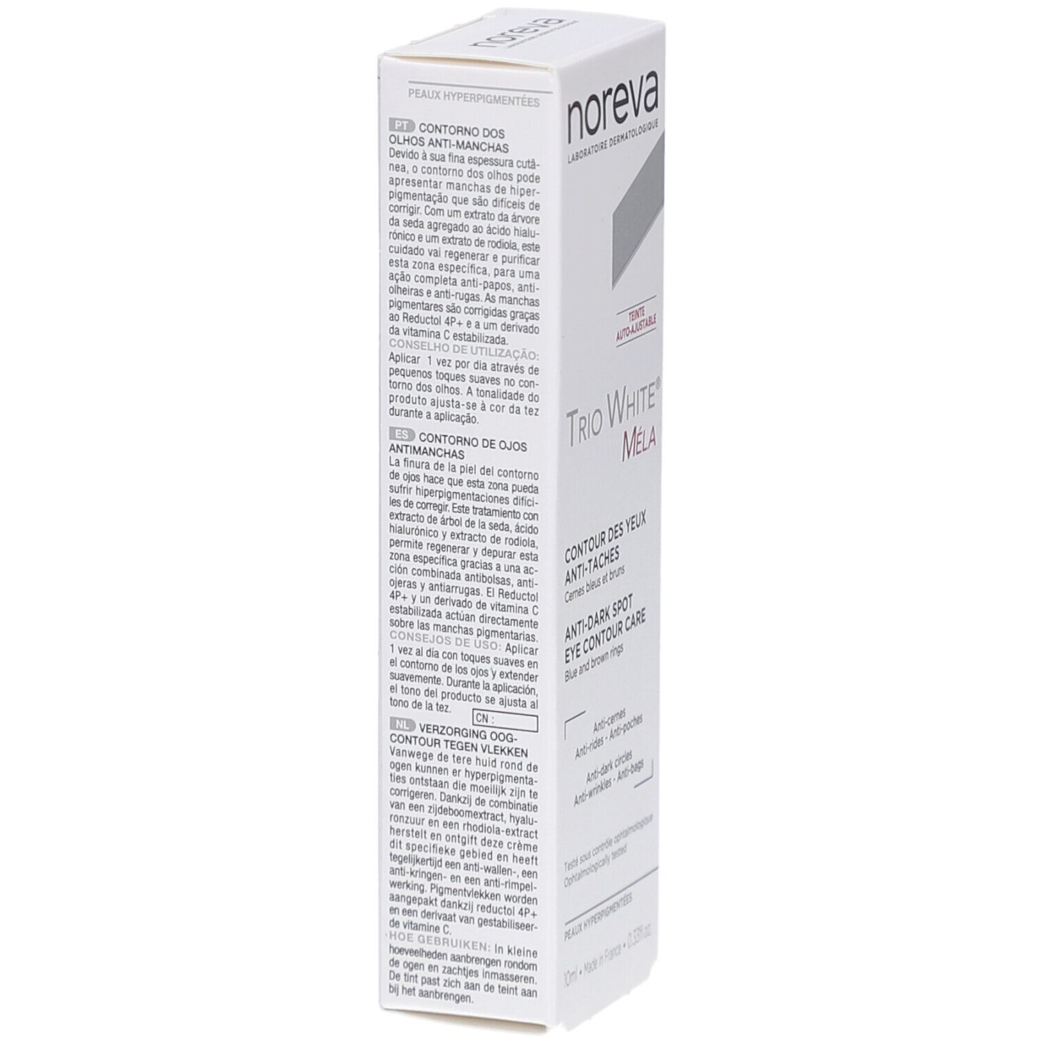 Weiße Verpackung, Seitenansicht. Text: Noreva, Trio White Méla, Contour des yeux anti-taches, Anti-Dark Spot Eye Contour Care.