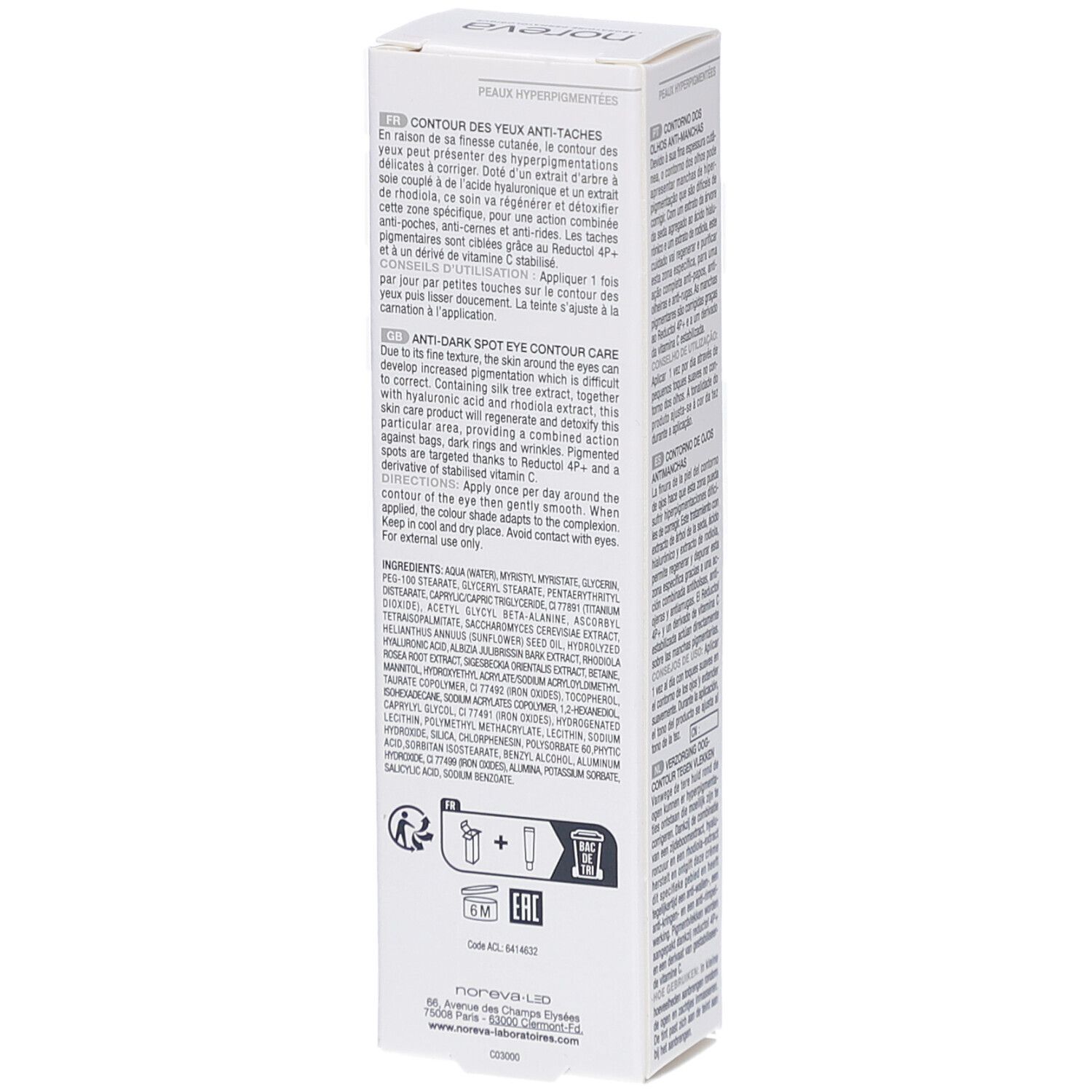Weiße Verpackung, Rückseite. Text: Inhaltsstoffe, Anwendungshinweise, Zertifizierungen. Marke: Noreva.