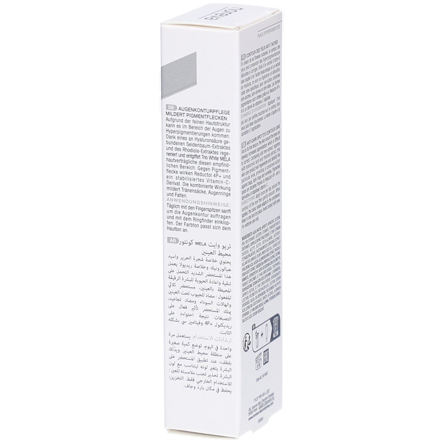 Weiße Verpackung, Rückseite. Text in mehreren Sprachen. Marke: Noreva. Produkt: Augenkonturpflege.