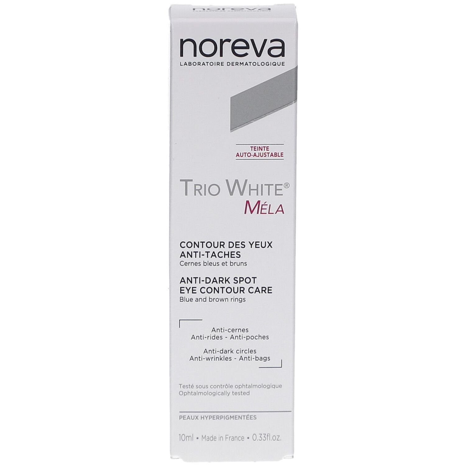 Weiße Verpackung. Aufschrift: Noreva, Trio White Méla, Contour des yeux anti-taches, Anti-Dark Spot Eye Contour Care.