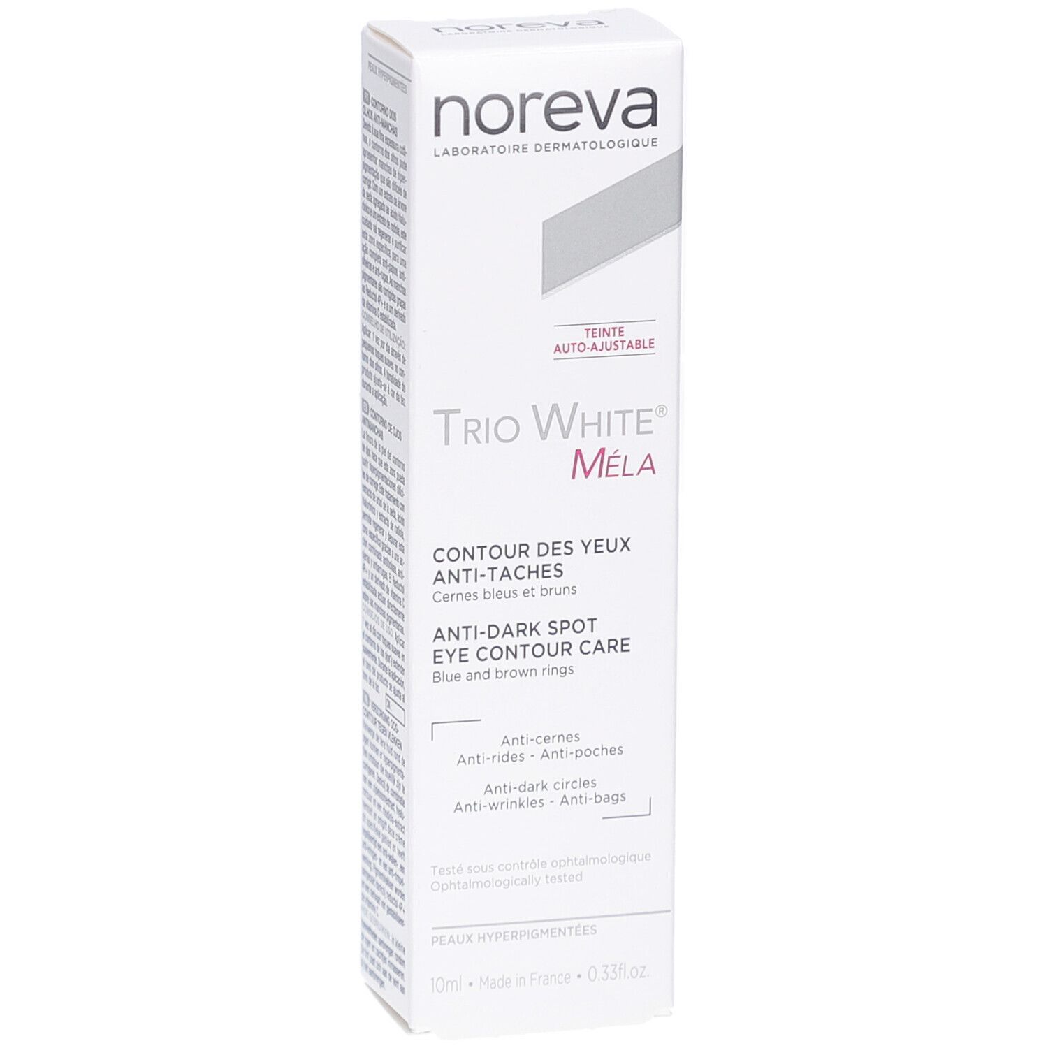 Weiße Verpackung. Aufschrift: Noreva, Trio White Méla, Contour des yeux anti-taches, Anti-Dark Spot Eye Contour Care.