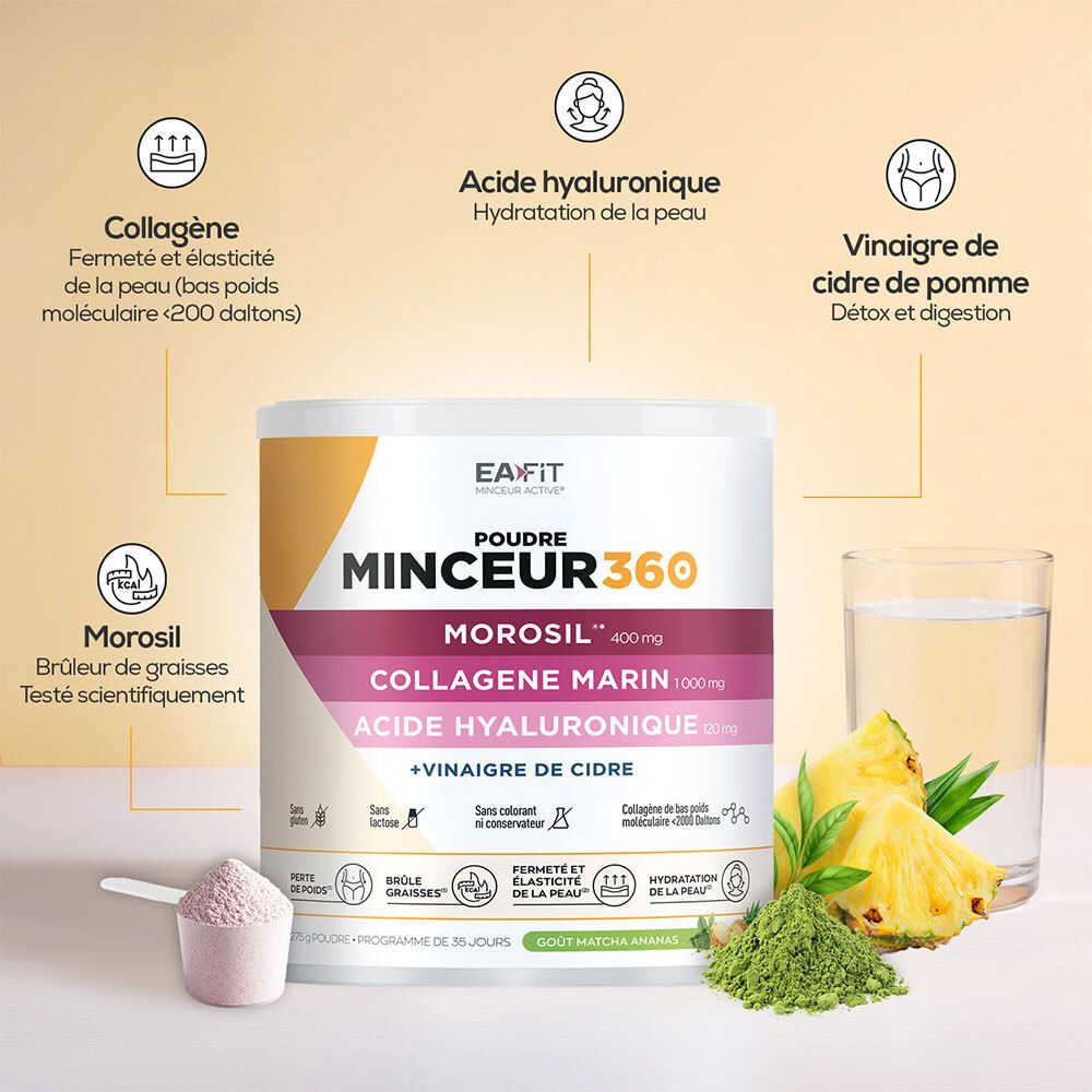 Pot EA-FIT Minceur 360 avec verre d'eau, ananas et poudre matcha. Illustre Collagène, Acide Hyaluronique, Morosil.