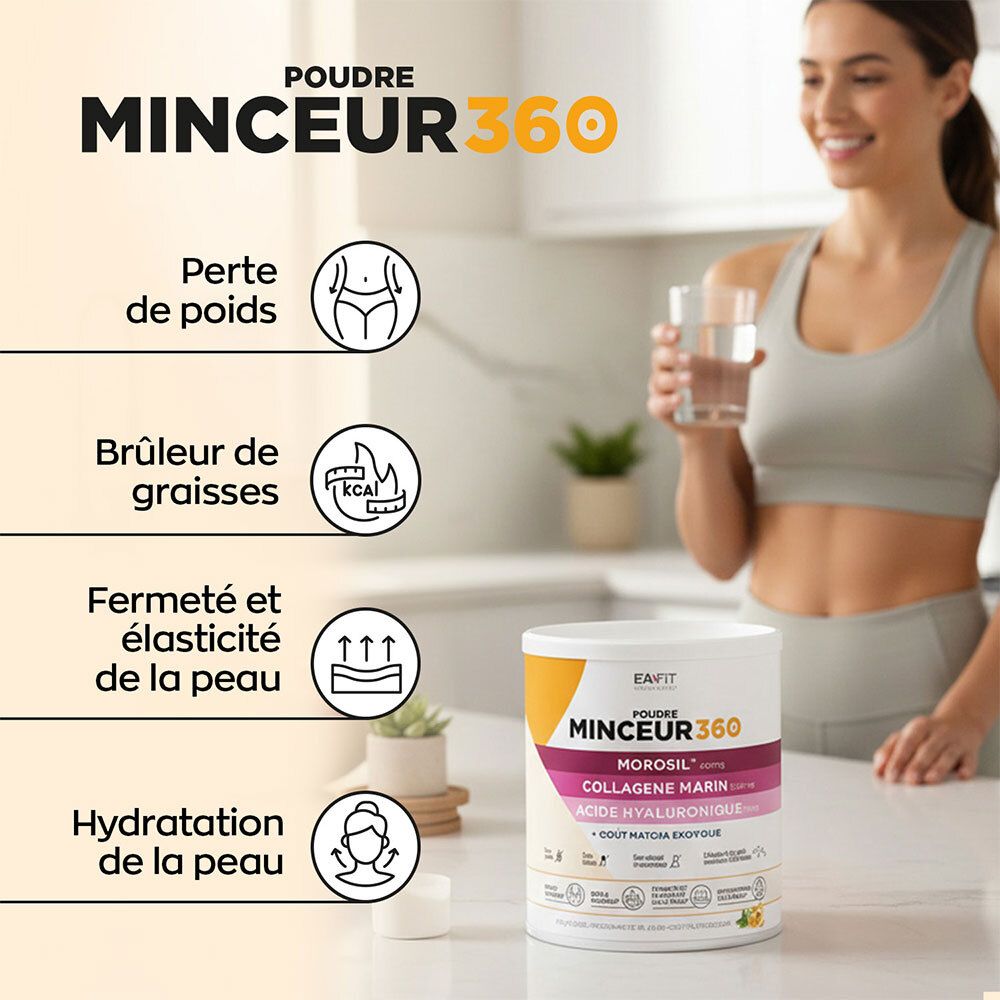Femme buvant de l'eau à côté du pot EA-FIT Minceur 360. Icônes perte de poids, brûleur de graisses, fermeté.