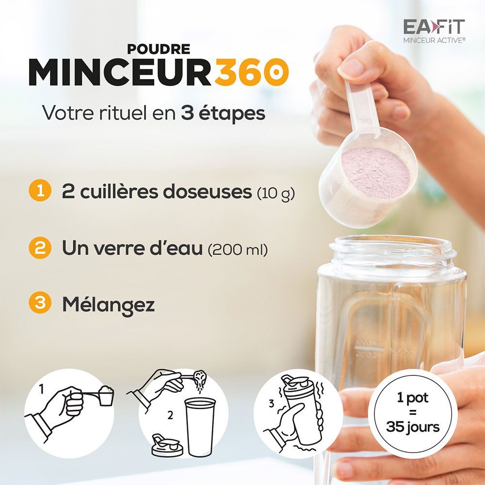 Préparation EA-FIT Minceur 360 : cuillère doseuse, verre d'eau, shaker. 1 pot = 35 jours.