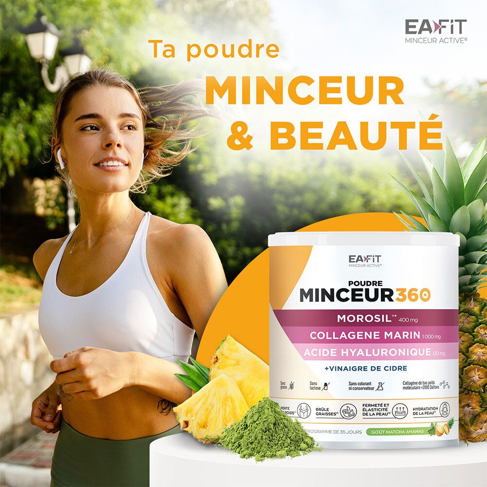 Coureuse avec pot EA-FIT Minceur 360, ananas et baies. Poudre pour minceur et beauté.