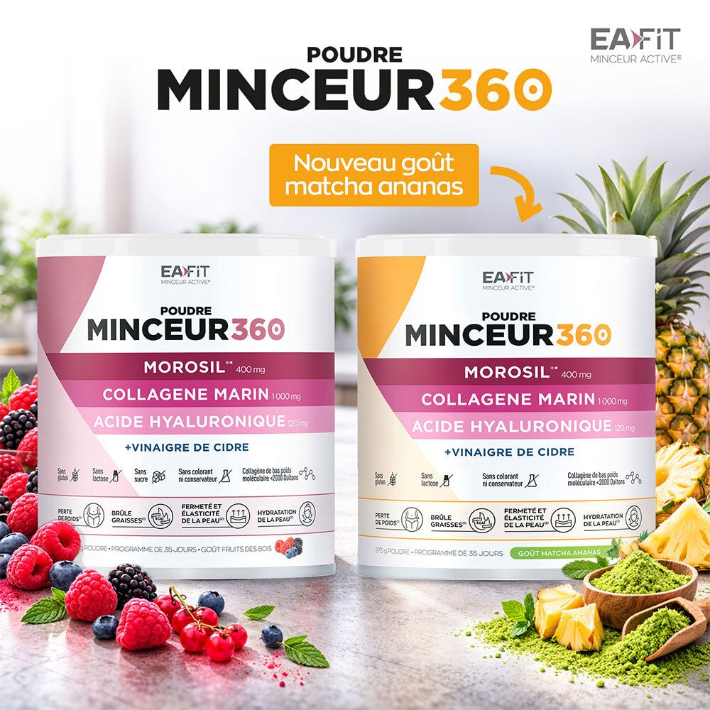 Deux pots EA-FIT Minceur 360, goût Matcha Ananas, avec fruits et poudre matcha.