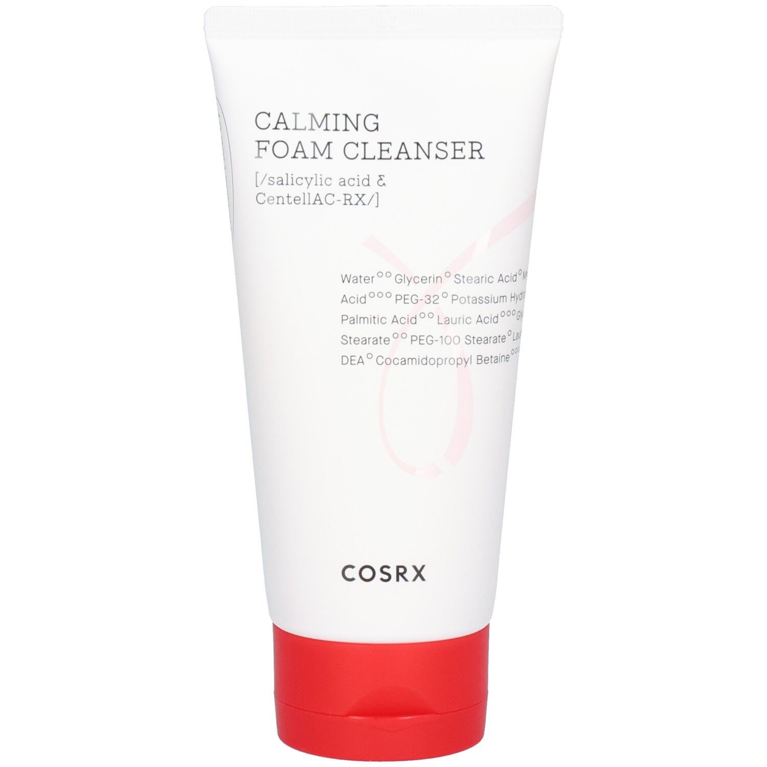 Weiße Tube mit rotem Deckel. Aufschrift: Calming Foam Cleanser, Cosrx. Inhaltsstoffe sind aufgedruckt.
