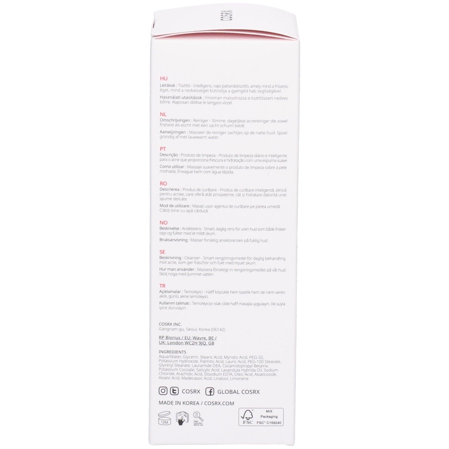 Verpackung mit Text in verschiedenen Sprachen. Herstellerinformationen und Inhaltsstoffe sind aufgedruckt.