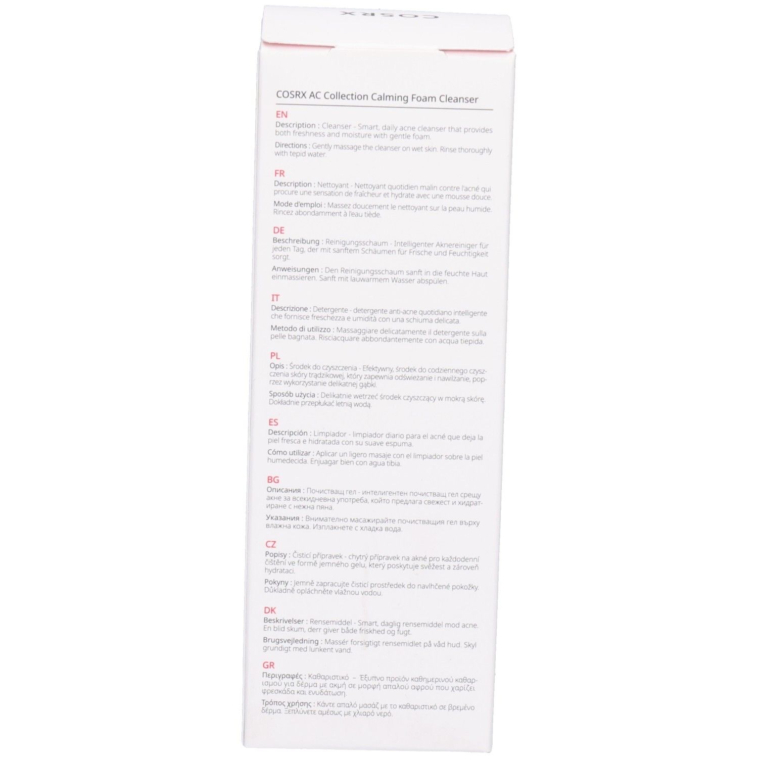 Verpackung mit Text in verschiedenen Sprachen. Herstellerinformationen und Inhaltsstoffe sind aufgedruckt.