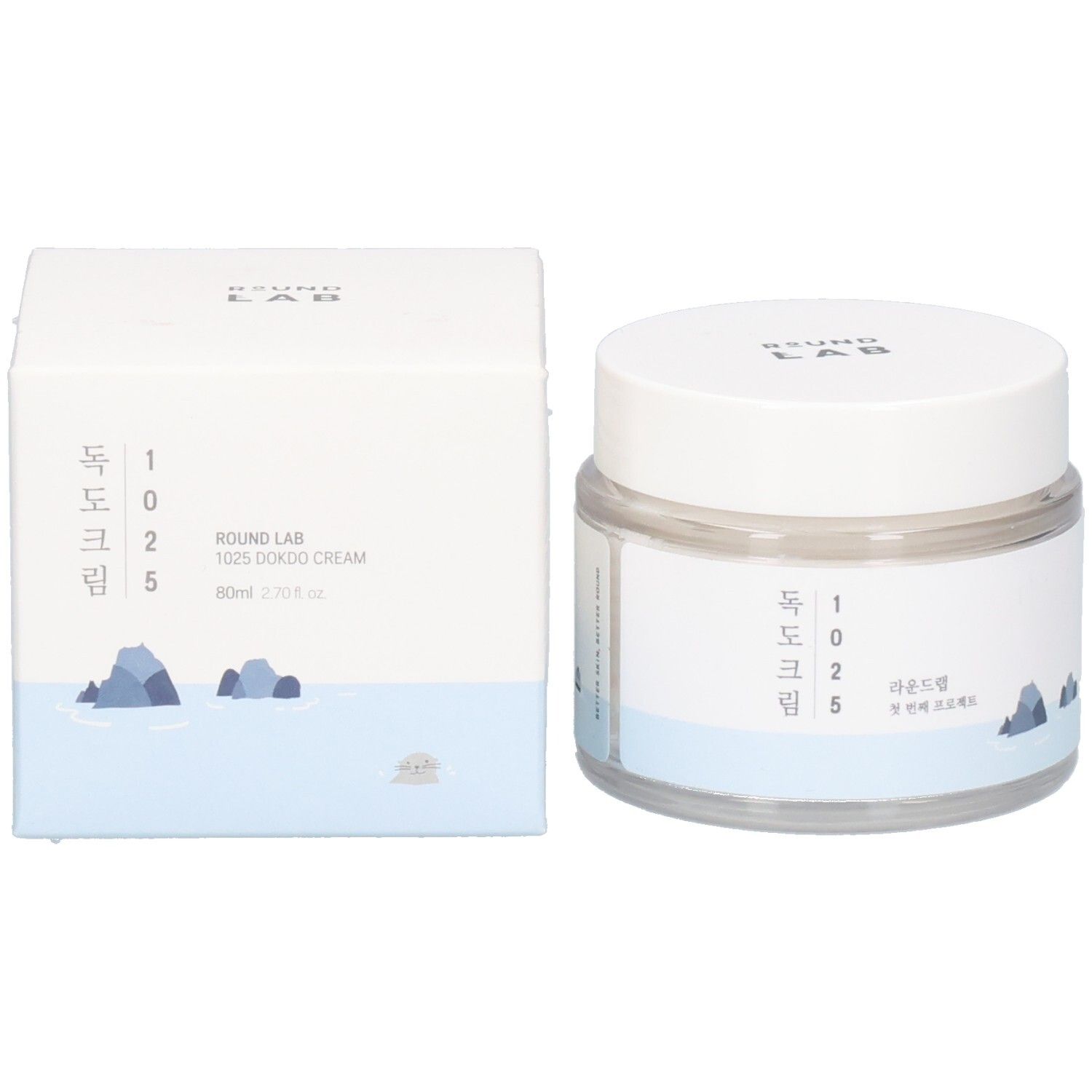 Produktverpackung: Dose und Schachtel. Dose mit weißem Deckel und Aufkleber. Schachtel mit Text und Logo. "ROUND LAB".