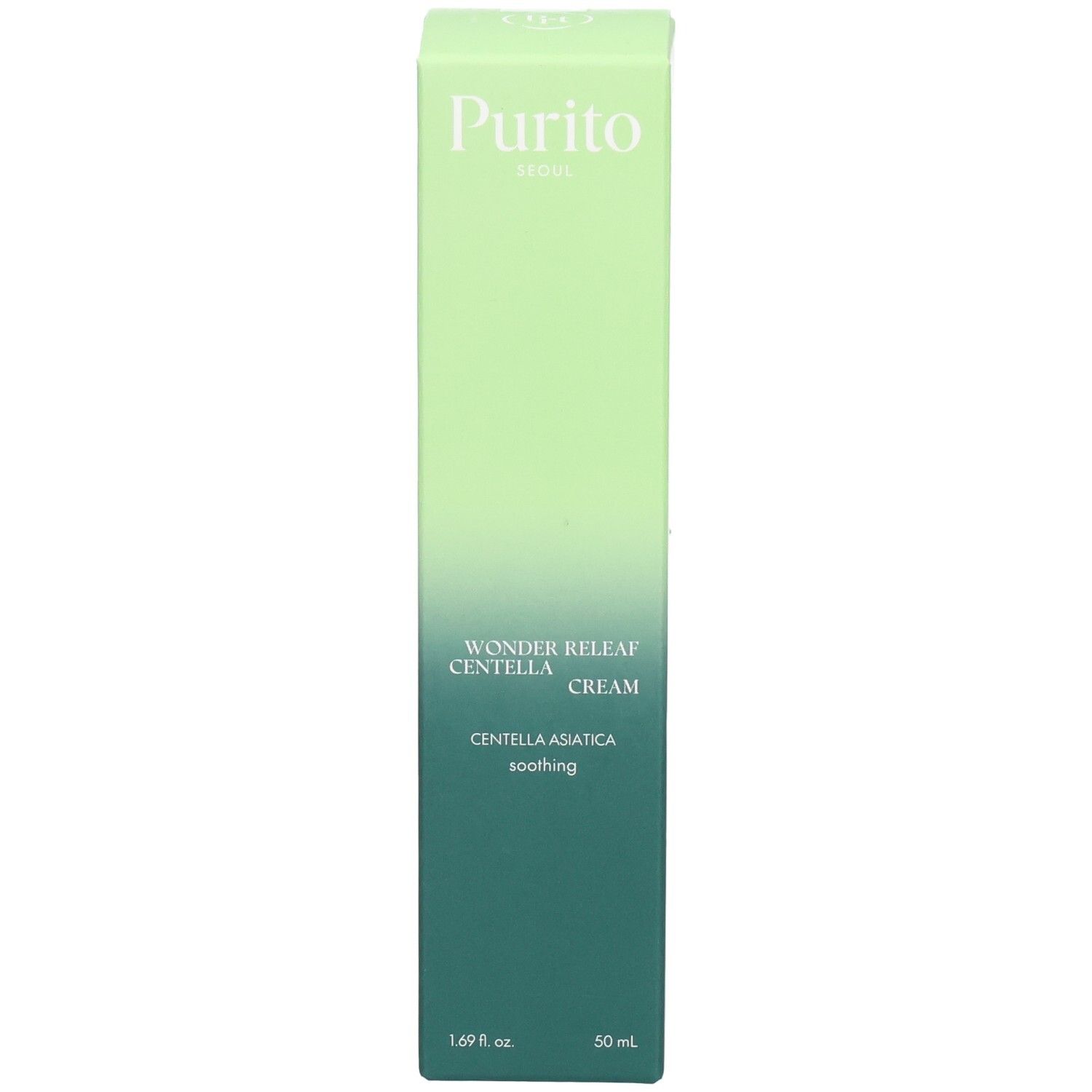 Grüne Purito Creme-Verpackung. Text: Wonder Releaf Centella Cream, Centella Asiatica, beruhigend. 50 ml.