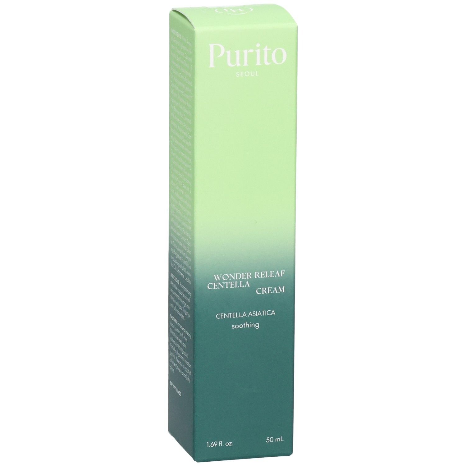 Grüne Purito Creme-Verpackung. Text: Wonder Releaf Centella Cream, Centella Asiatica, beruhigend. 50 ml.