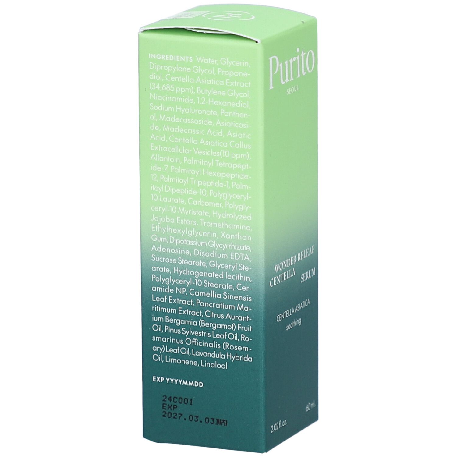Grüne Verpackung mit Inhaltsstoffen und Haltbarkeitsdatum. 60 ml. Text: Wonder Releaf Centella Serum.