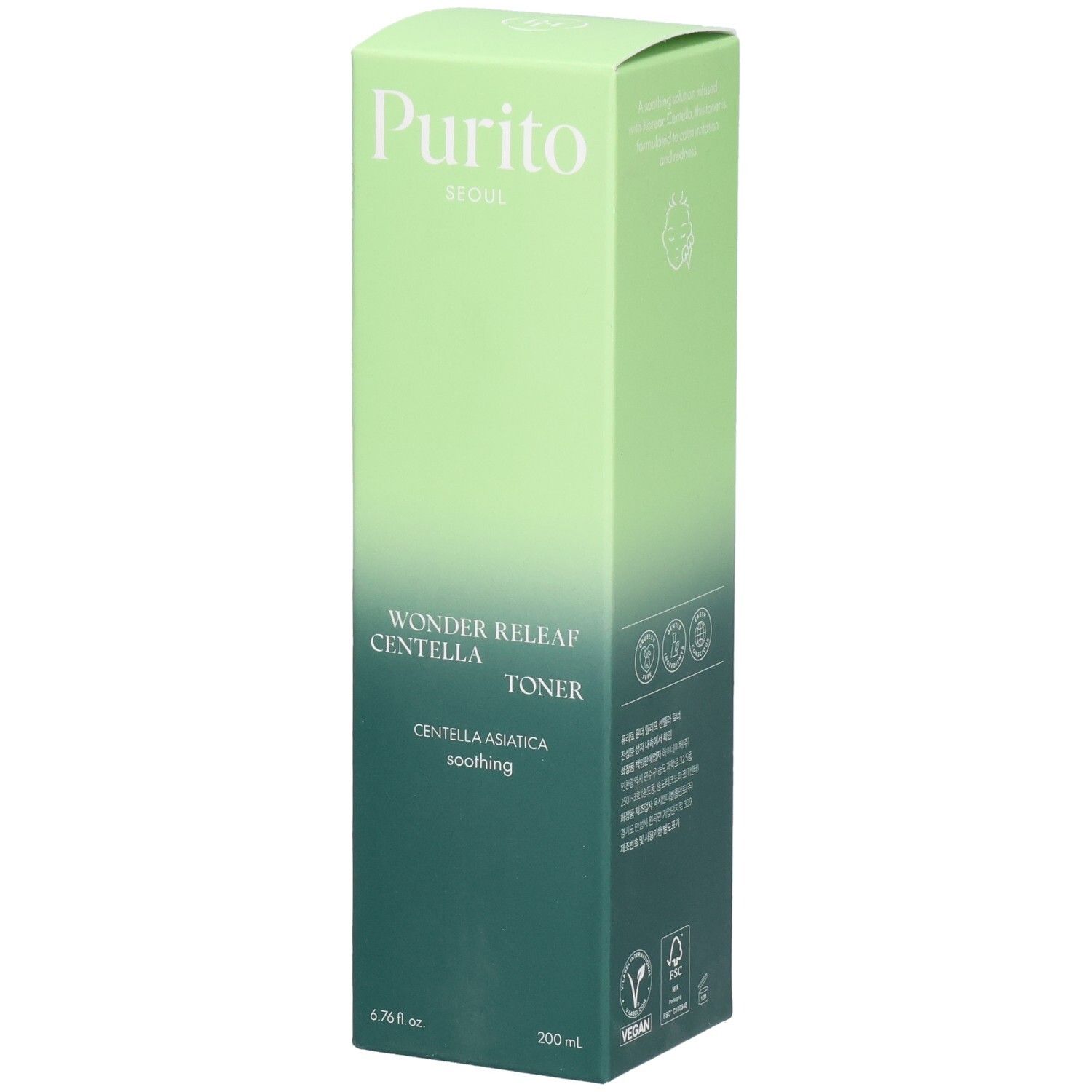 Grüne Verpackung mit Produktnamen und Logo. Text: Wonder Releaf Centella Toner. Vegan-Siegel.