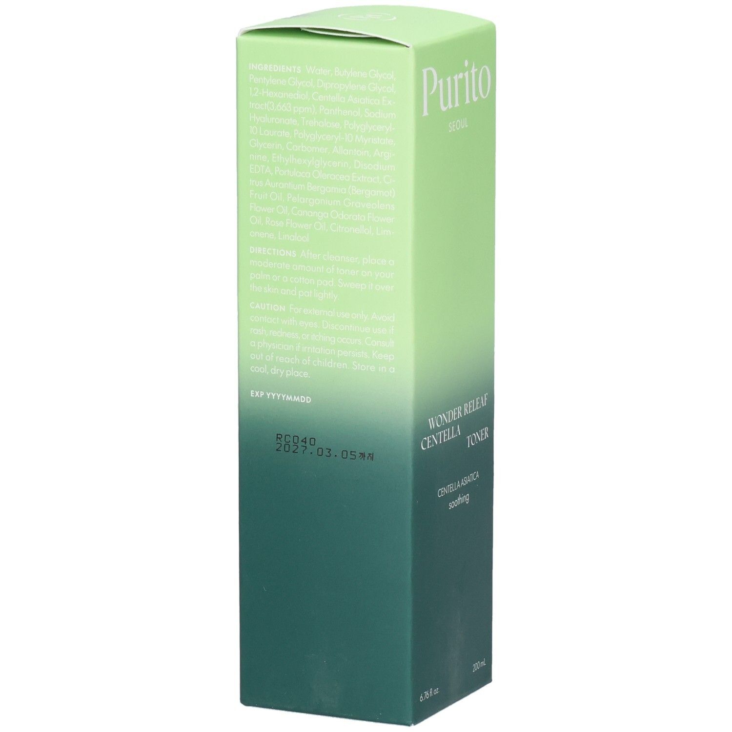 Grüne Verpackung mit Produktnamen und Logo. Text: Wonder Releaf Centella Toner. Vegan-Siegel.