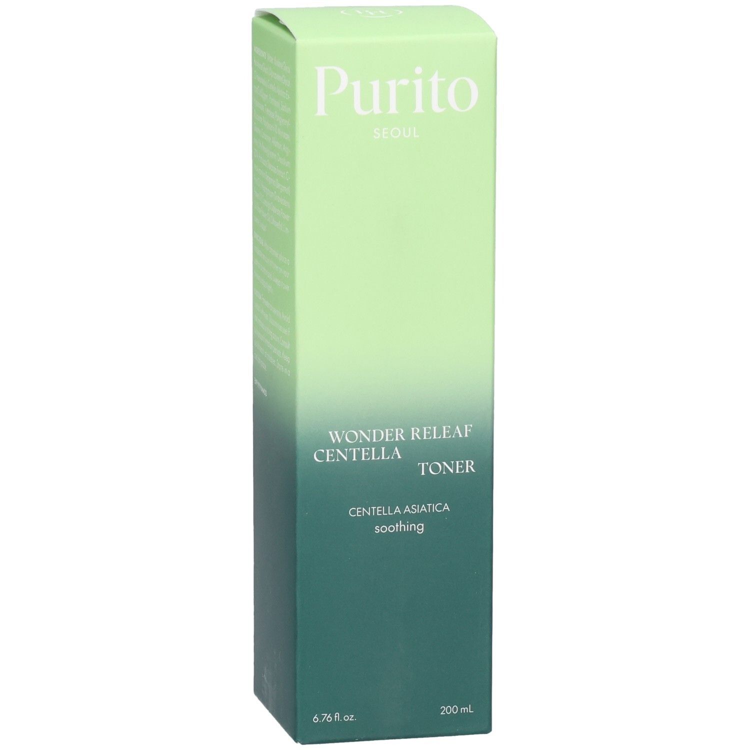 Grüne Verpackung mit Produktnamen und Logo. Text: Wonder Releaf Centella Toner. Vegan-Siegel.