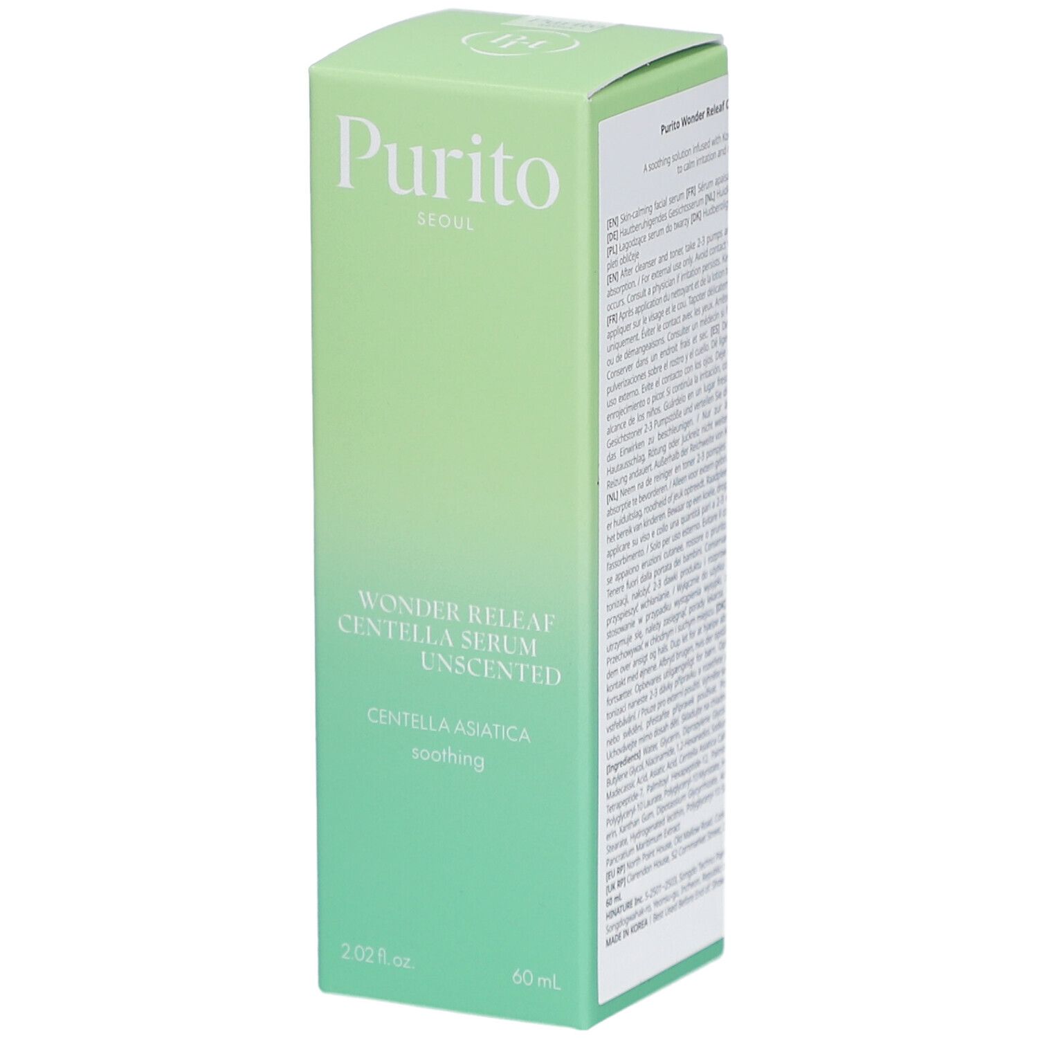 Grüne Produktverpackung. Aufschrift: Purito, Wonder Releaf Centella Serum Unscented, Centella Asiatica, 60 ml.