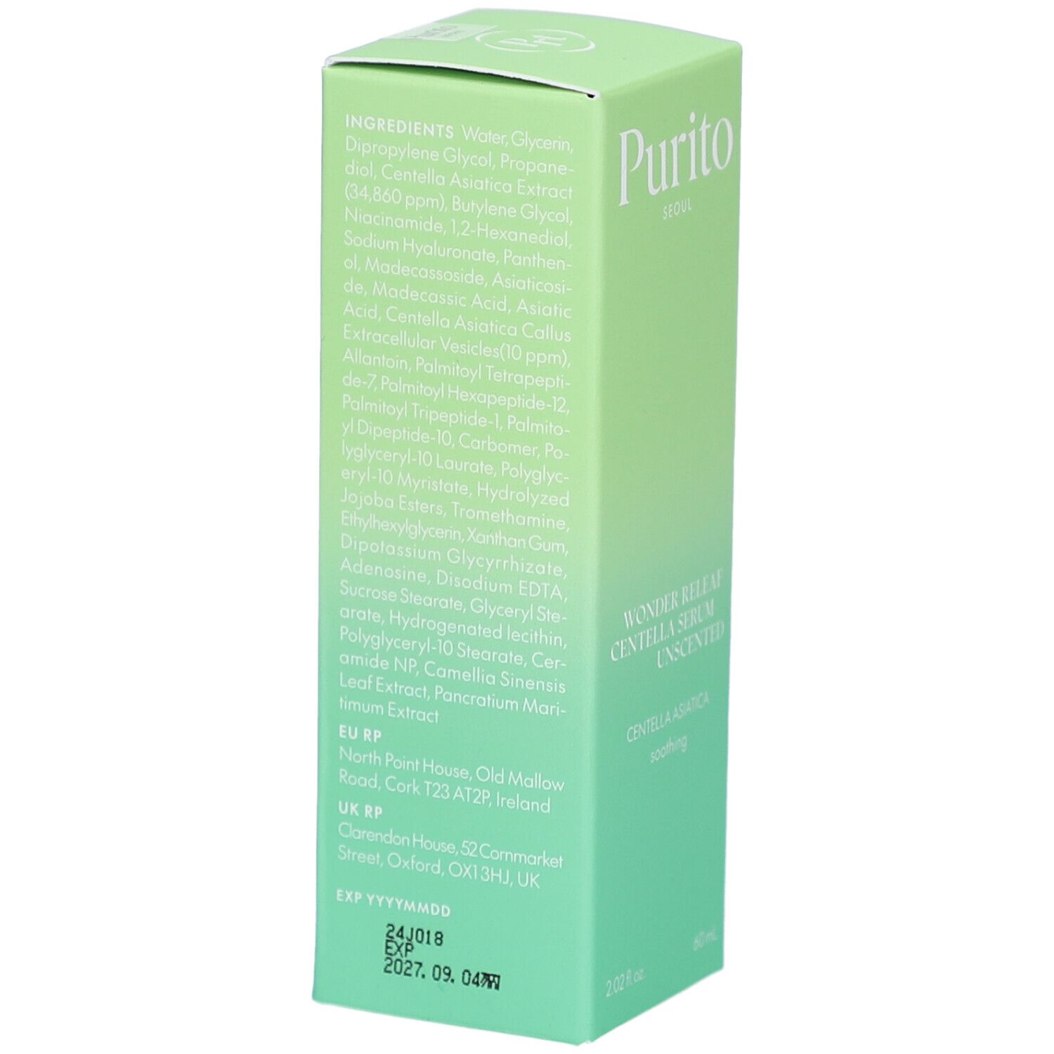 Grüne Produktverpackung. Aufschrift: Purito, Wonder Releaf Centella Serum Unscented, Inhaltsstoffe, 60 ml.