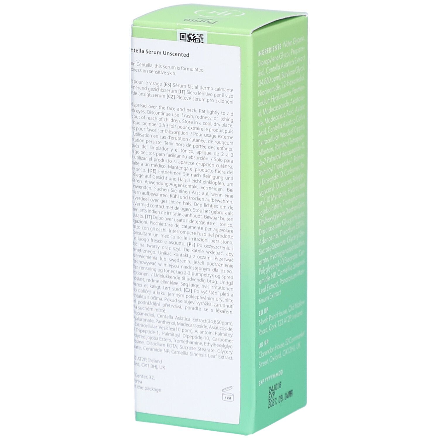 Grüne Produktverpackung. Aufschrift: Purito Centella Serum Unscented, Anwendungshinweise, Inhaltsstoffe, 60 ml.