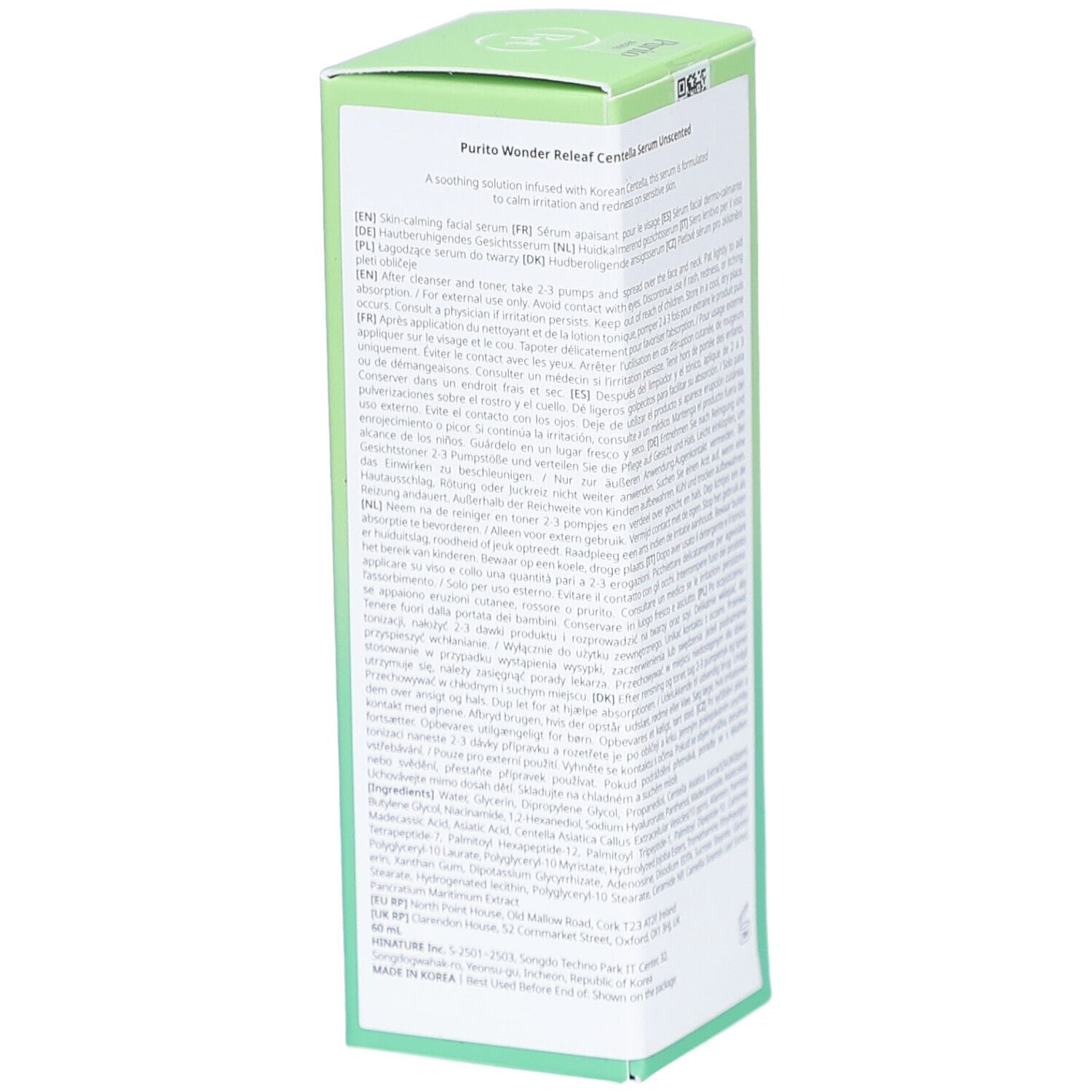 Grüne Produktverpackung. Aufschrift: Purito Wonder Releaf Centella Serum Unscented, Anwendungshinweise, 60 ml.