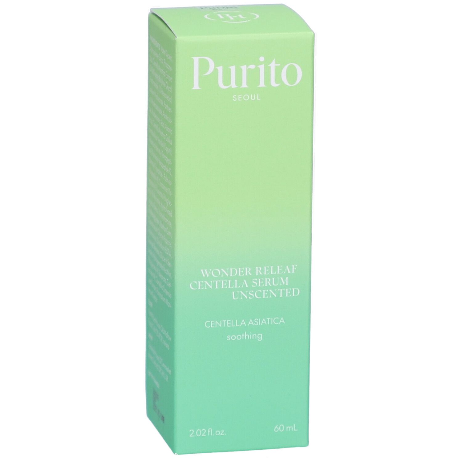 Grüne Produktverpackung. Aufschrift: Purito, Wonder Releaf Centella Serum Unscented, Centella Asiatica, 60 ml.