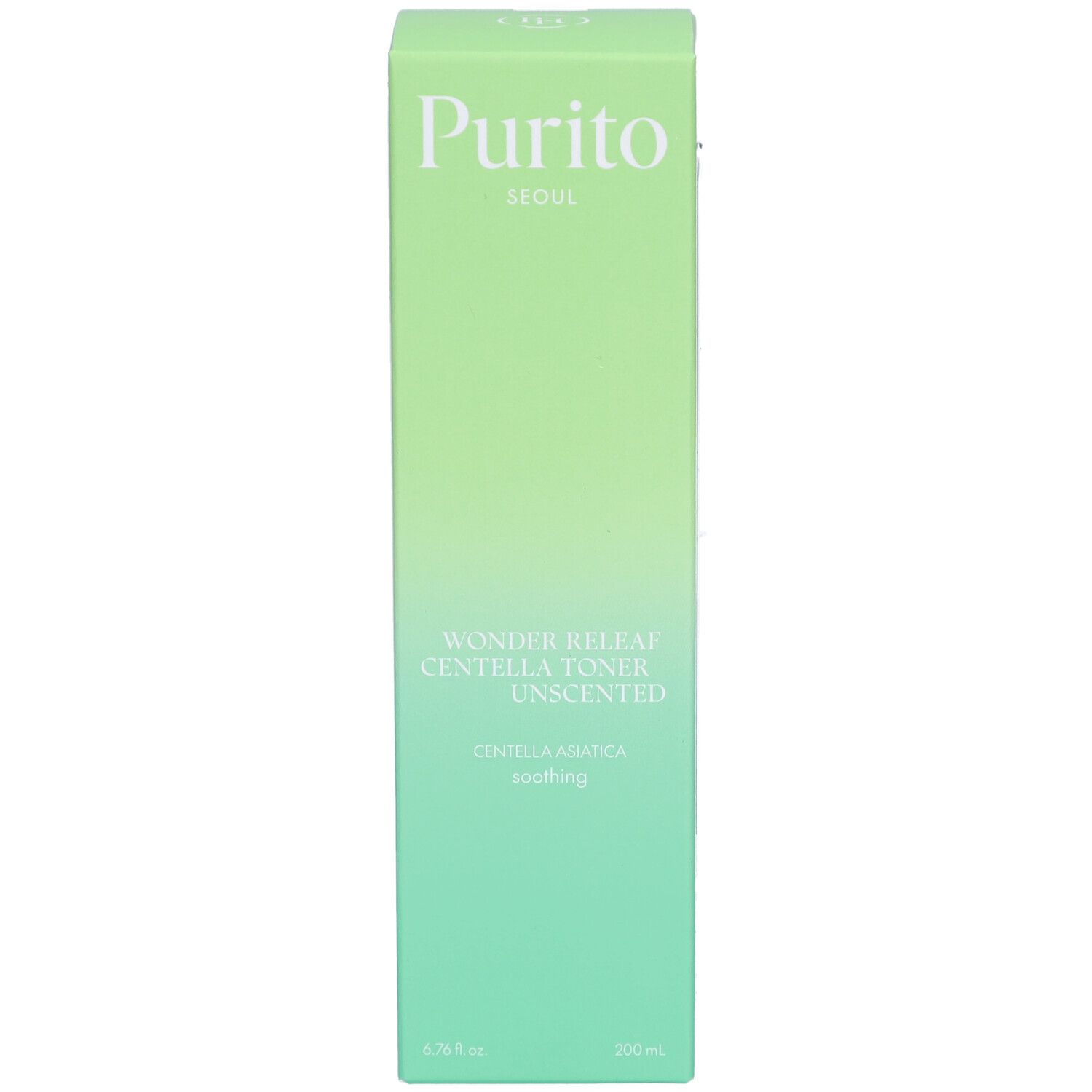 Grüne rechteckige Verpackung. Aufschrift: Purito, Wonder Releaf Centella Toner Unscented, Centella Asiatica, soothing. 200 ml.