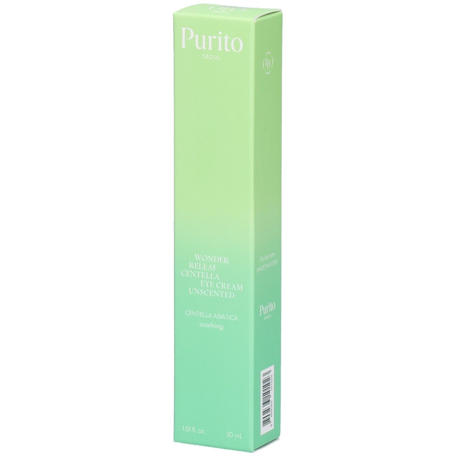 Grüne, längliche Verpackung. Oben steht "Purito". Produktname: Wonder Releaf Centella Eye Cream Unscented. Unten: 30 ml.