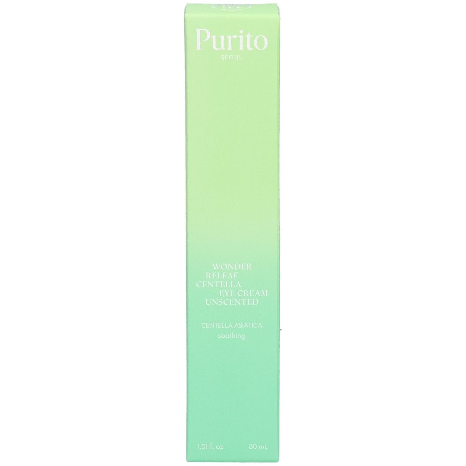 Grüne, längliche Verpackung. Oben: "Purito". Produktname: Wonder Releaf Centella Eye Cream Unscented. Unten: 30 ml.
