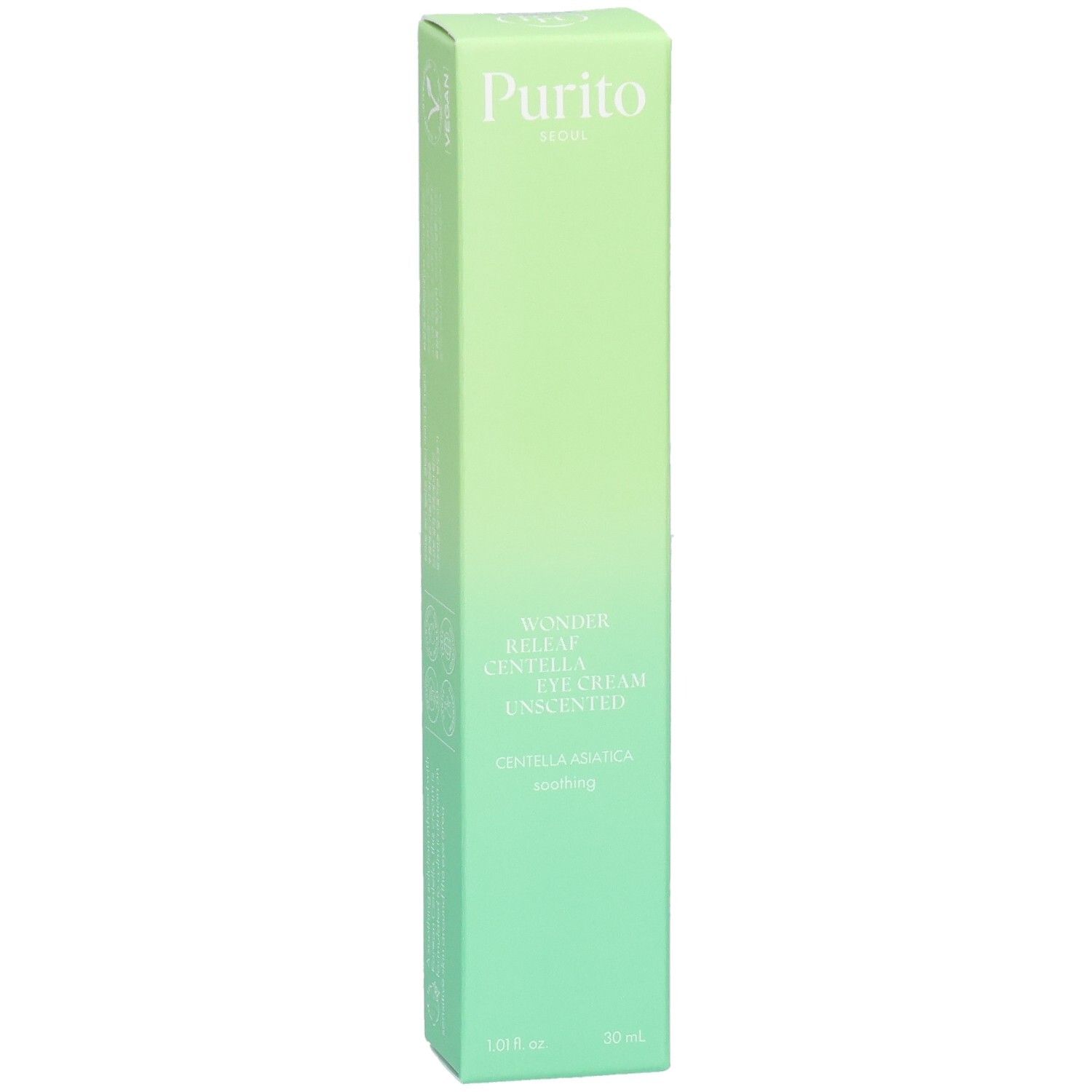 Grüne, längliche Verpackung. Oben: "Purito". Produktname: Wonder Releaf Centella Eye Cream Unscented. Unten: 30 ml.