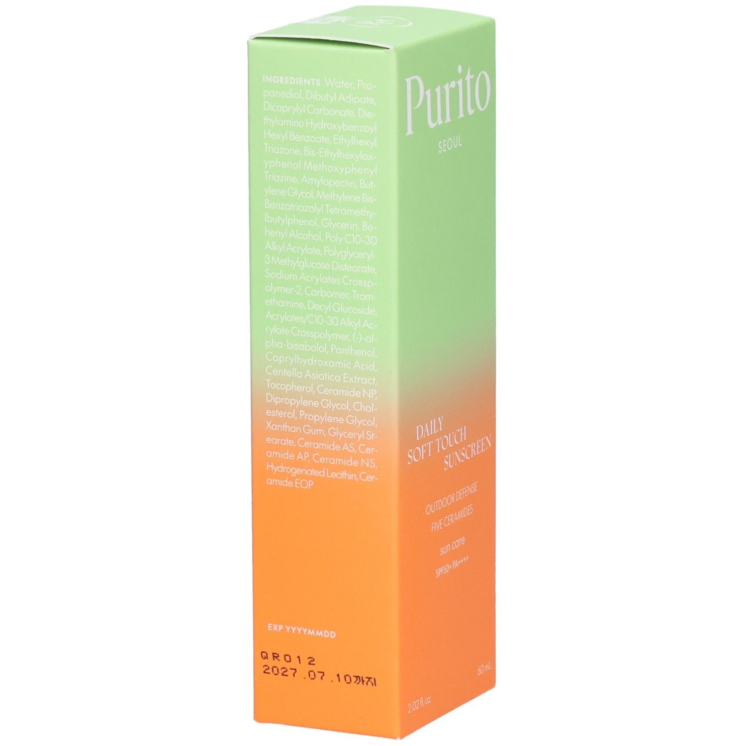 Rückseite der Produktverpackung. Text: Inhaltsstoffe, QR-Code, Haltbarkeitsdatum. Farben: Grün, Orange.