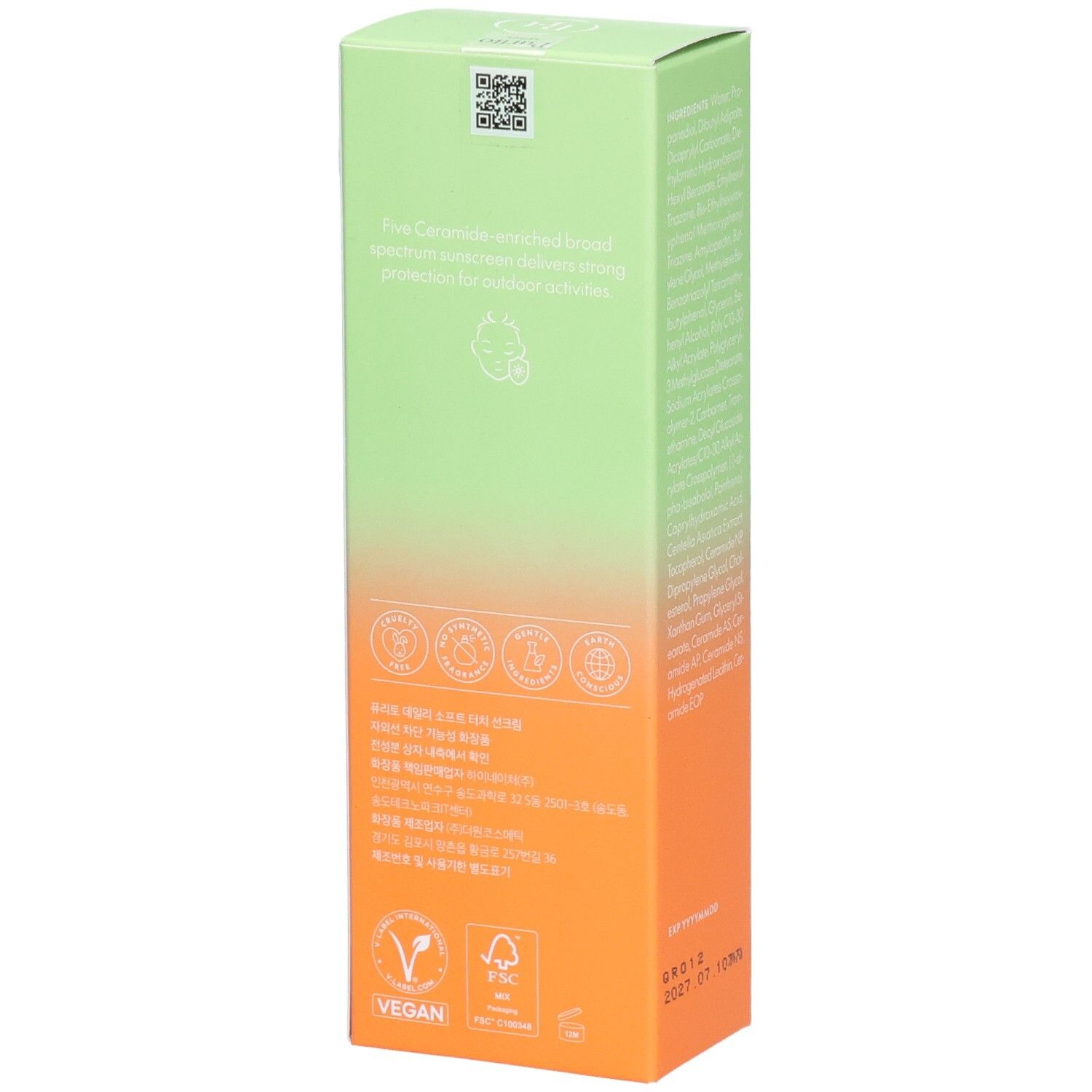 Seite der Produktverpackung. Text: Inhaltsstoffe, Zertifizierungen. Farben: Grün, Orange.