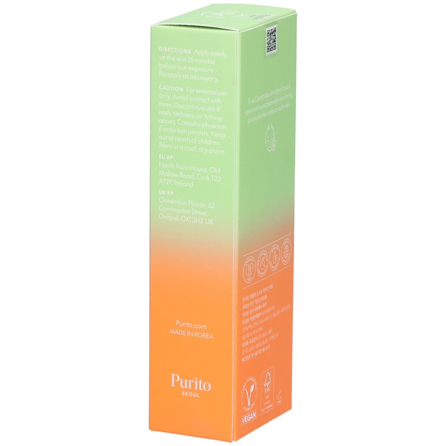 Seite der Produktverpackung. Text: Warnhinweise, Herstelleradresse, Zertifizierungen. Farben: Grün, Orange.