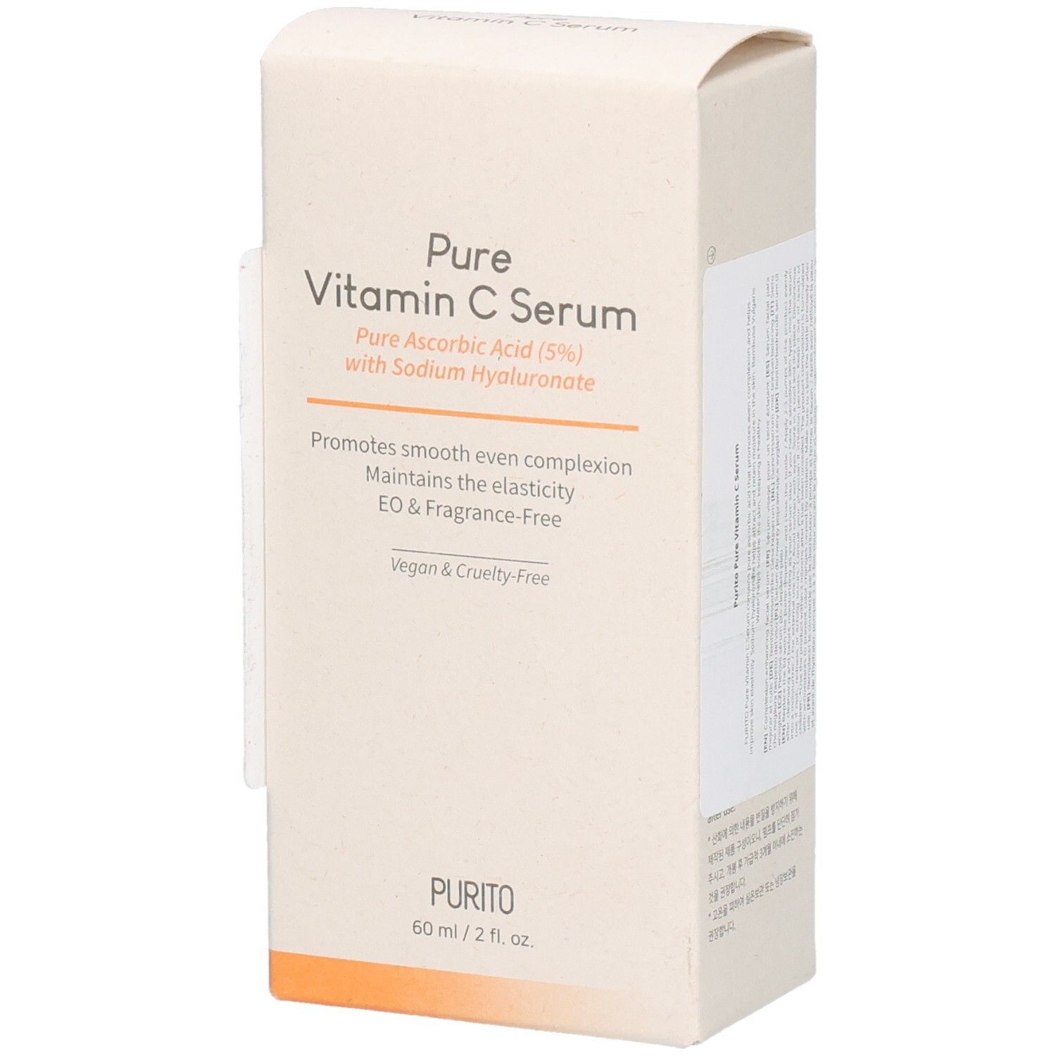 Beige Kartonverpackung mit Produktinformationen. Aufschrift: Pure Vitamin C Serum. Vegan & Cruelty-Free. PURITO Logo.