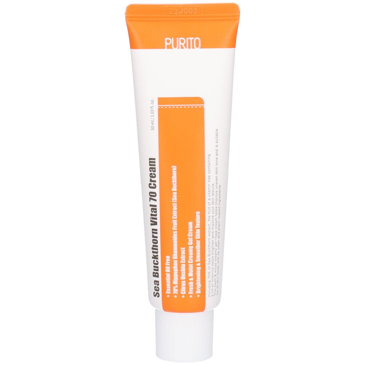 Creme-Tube mit orangefarbenem Deckel. Text: Sea Buckthorn Vital 70 Cream. Marke: Purito. Weiße Tube mit orangefarbenem Etikett.