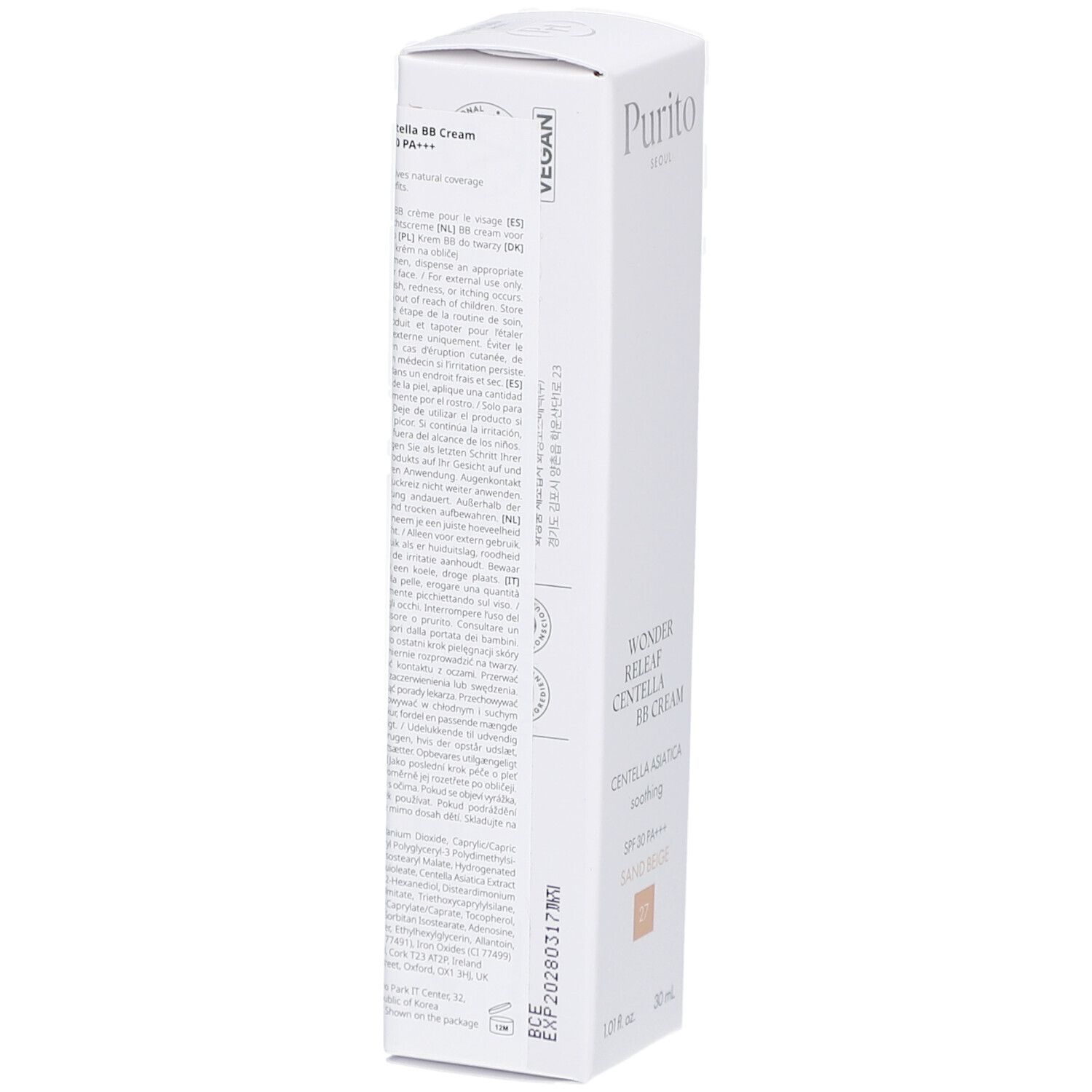 Weiße Verpackung mit Produktinformationen. Enthält BB Cream, Vegan-Logo. Marke Purito. Rückseite mit Text.